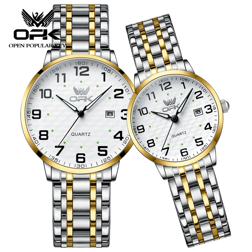 Opk 6006 Quartz Horloge Voor Paar Mannen En Vrouwen Luxueus Merk Lover 'S Horloge Waterdicht Lichtgevend Roestvrij Staal Polshorloge Cadeau