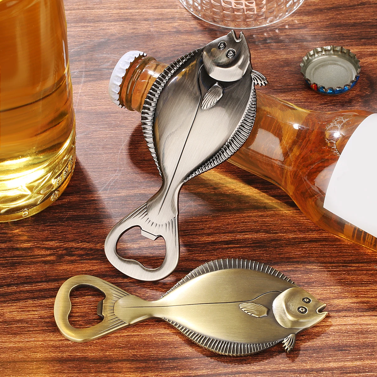 

Flounder Bottle Opener Bronze Steampunk Opener Fish Metal Handle Corkscrew Birthday Christmas Gifts for Fishing Lovers Home Tool