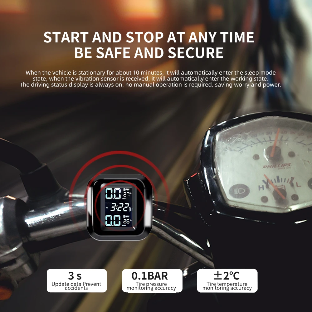 Motorcycle Tire Pressure Detection Bike Motor Tire Pressure Monitoring Alarm Systemwireless Lcd Display