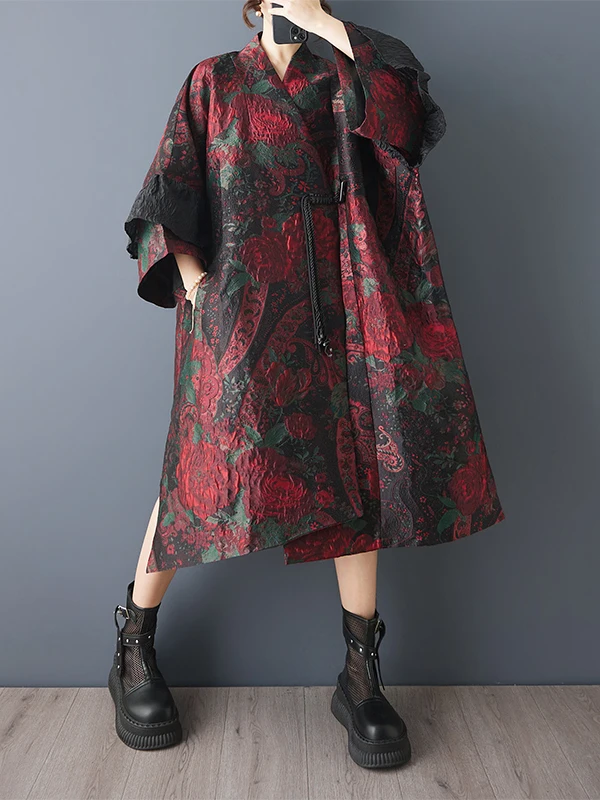 Authentic Autumn Fashion Heavy Texture Embroidery Windbreaker Loose Midi Coat Polyester Fiber V-Neck High Waist Commute