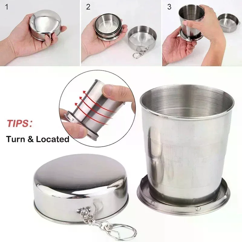[MA]250ml Stainless Steel Folding Cup Outdoor Travel Camping Portable Collapsible Water Cups With Keychain Retractable Teacups