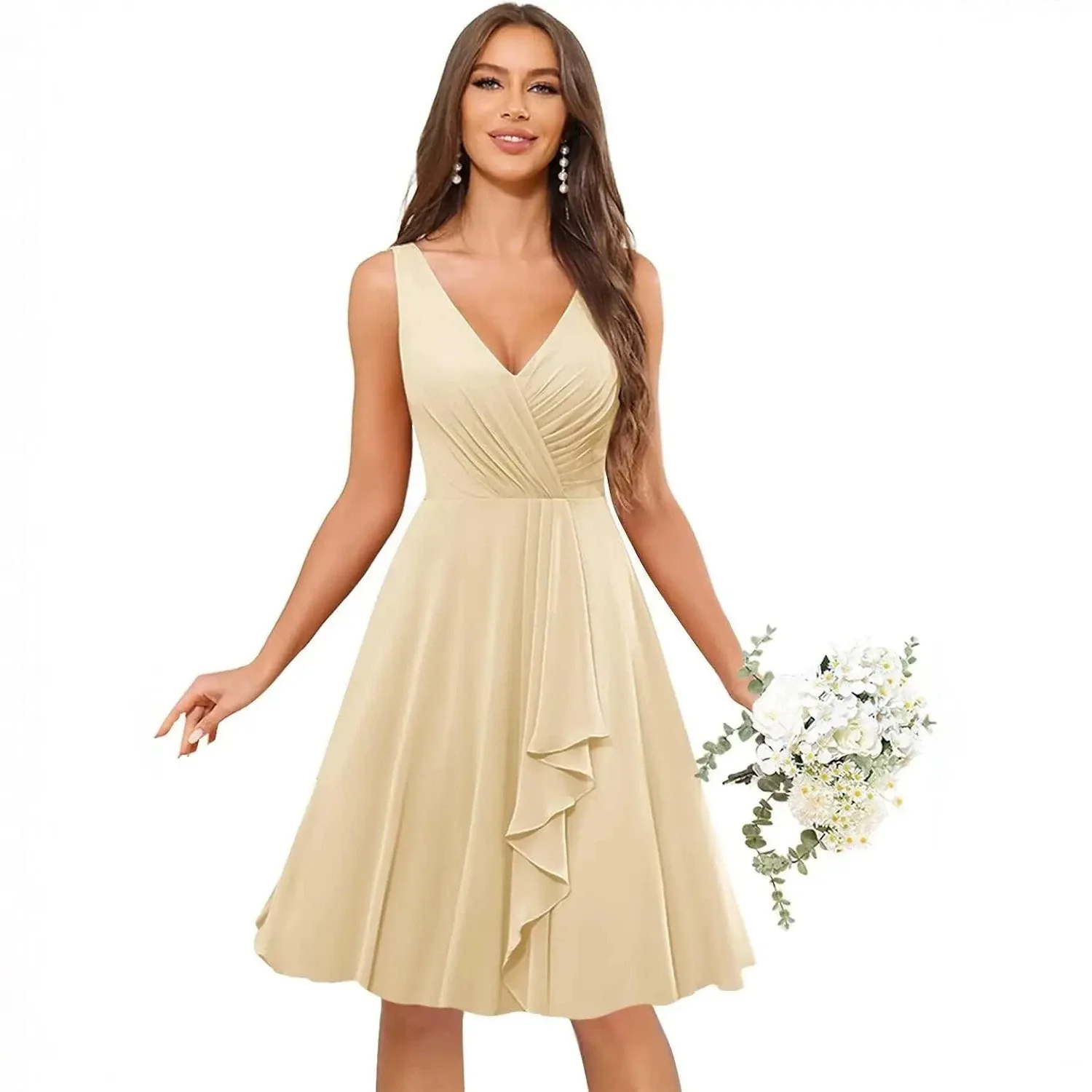 V Neck Sleeveless Ruched Chiffon Bridesmaid Dress Knee Length Ruffle A Line Short Formal Wedding Party Dresses Vestido
