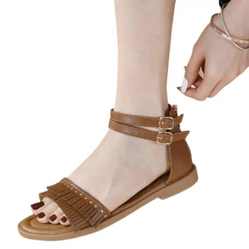 New European American Fashion Soft Bottom Tassel Back Cover Roman Sandals Comfortable And Versatile National Flat Bottom