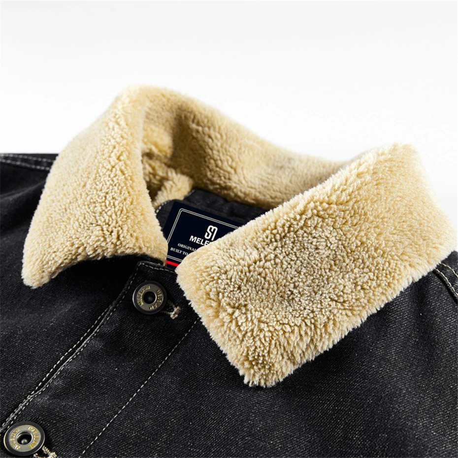 Fleece Denim Jacket Men Autumn Winter Thick Denim Coat Male Fashion Casual Jean Jackets Black