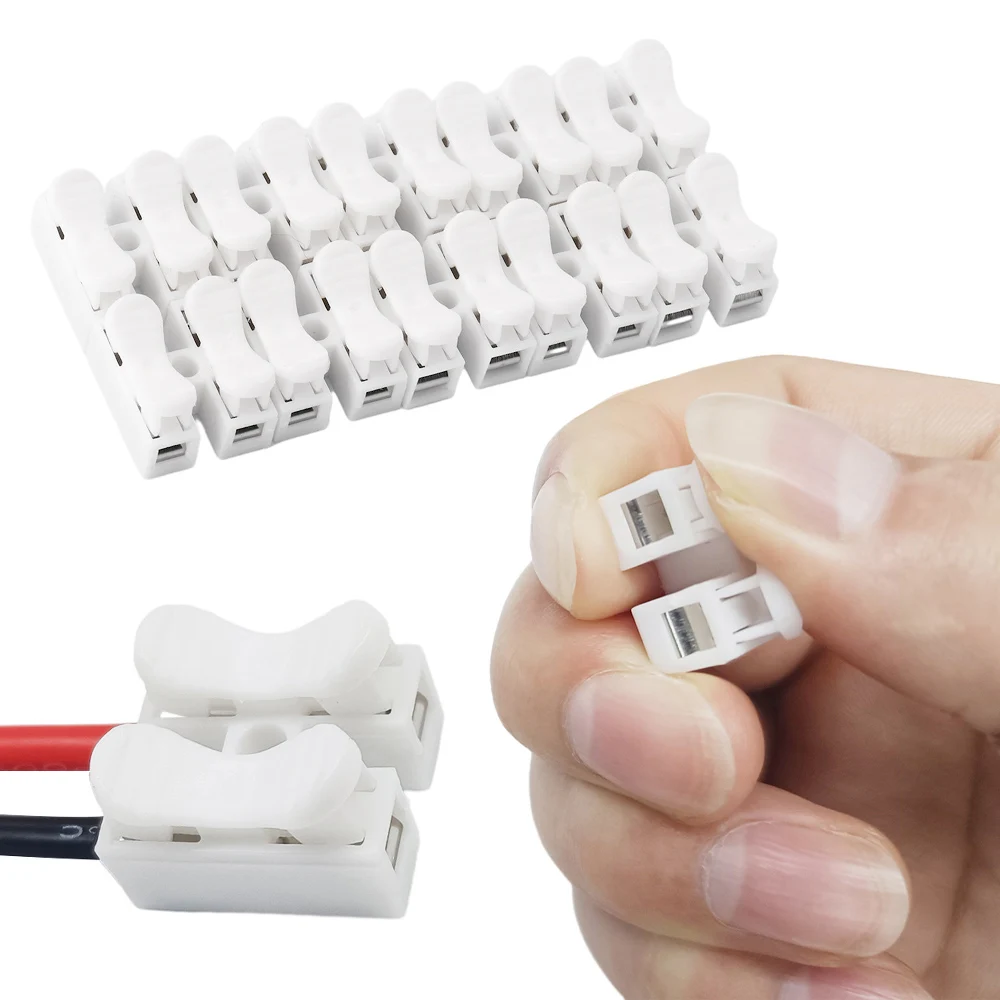 55PCS CH-2 Spring Wire Quick Connector 2p Electrical Crimp Terminals Block Splice Cable Clamp White Wiring Terminal