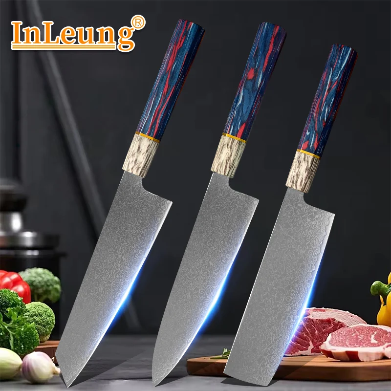 Damascus Kitchen Knives Meat Cleaver Wooden Handle Chef Slicng Cutter Fruit Meat Utility Knife Boning Knife Cooking Tools