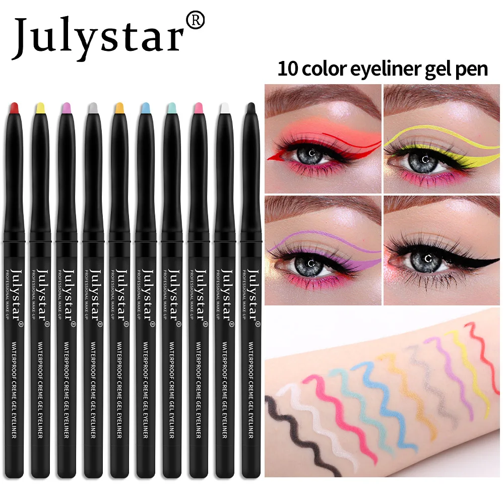 Julystar-Delineador Caneta Gel, Creme Delineador Impermeável, Maquiagem dos Olhos, Cosméticos Femininos, Longa Duração, Sem Desvanecimento, Portátil, Opção 10 Cores