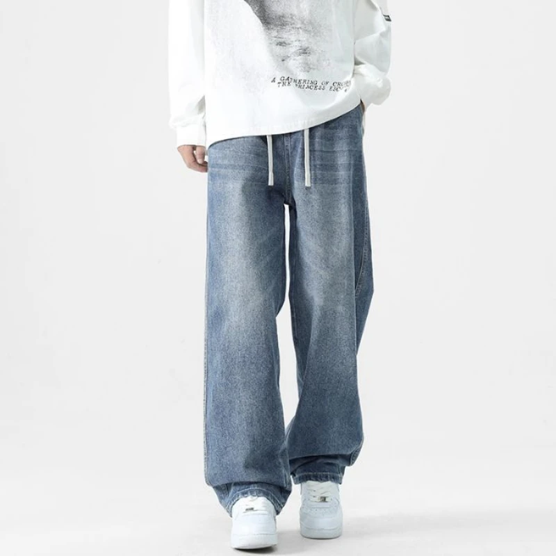 Men's Loose Retro Jeans Washed With Spring And Autumn Fashion High Street Wide Leg Straight Leg Casual Trend Blue Pants