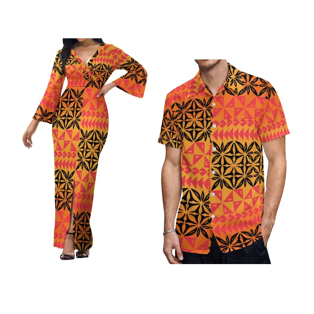 Summer Short Sleeve Couple Suit Custom Samoan Fijian Art Print Polynesian Ladies Fashion Slit Slim Long Skirt Pocket Shirt Men