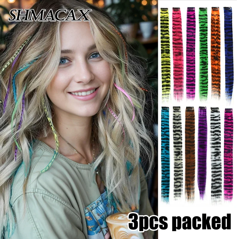 

3Pcs Stripe Printed Wig Piece Colorful Long Straight Clip-in Hair Extensions For Daily Use Party Halloween