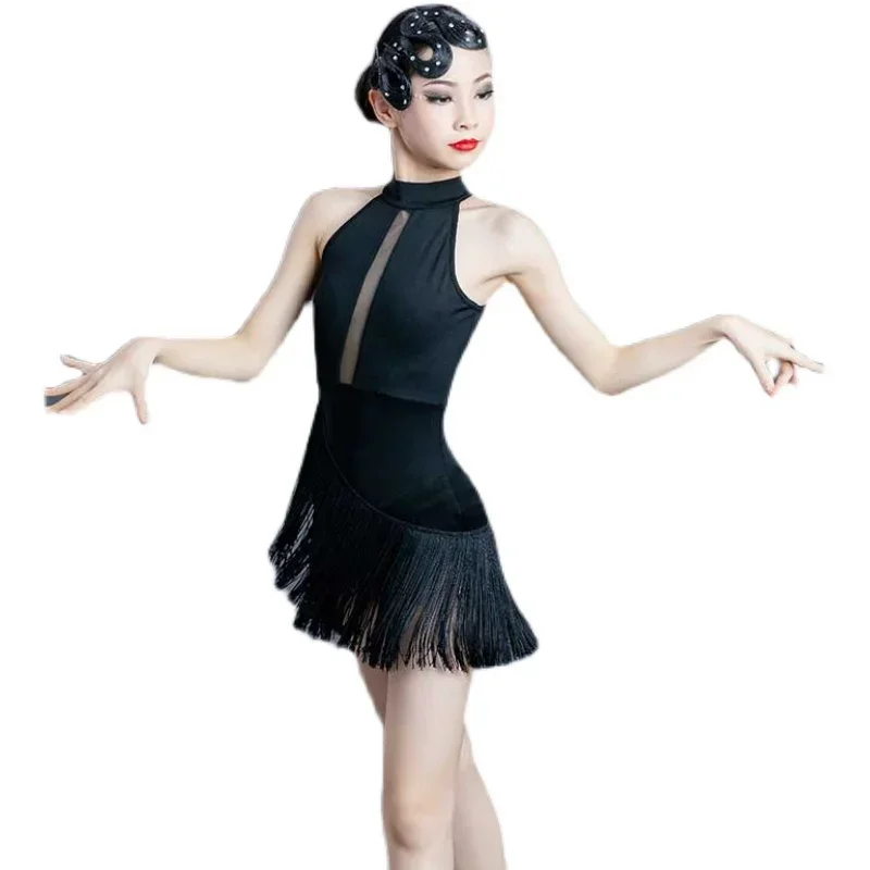 Girl Sexy Latin Dance Dress Black Children Professional Competition Ballroom Dance Dresses Tassel Tanggo Cha-cha Waltz Dancewear