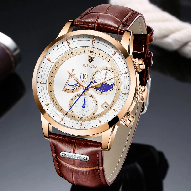 

LIGE Fashion Men Military Watch Top Brand Luxury Leather Watch Men Casual Automatic Date Quartz Wrist Watch For Men Montre Homme