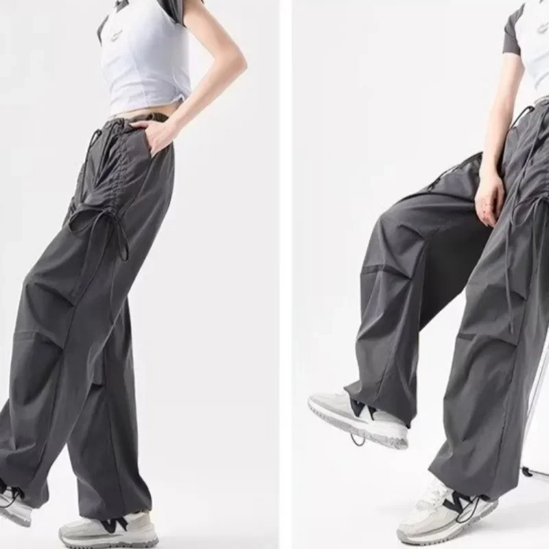 

Брюки женские в корейском стиле, модные универсальные уютные широкие брюки длиной до пола с завязками, новые свободные повседневные эластичные брюки с высокой талией