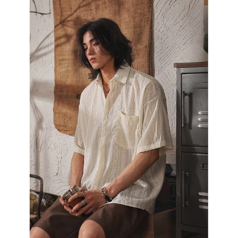 

Japanese Retro, Niche Design Sense Hollowed-out Short-sleeved Shirts Men's Summer Ethnic Style Casual and Cool Loose Shirt Trend