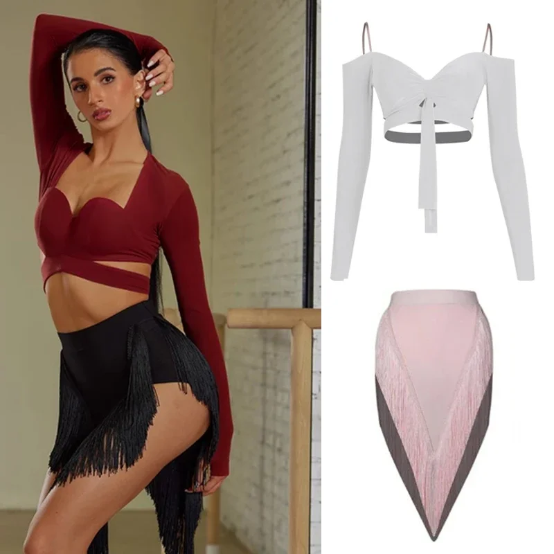 

2026 Sexy Latin Dance Costumes Long Sleeved Latin Dance Top Practice Tassels Skirt Cha Cha Rumba Latin Dancing Clothes SL6920