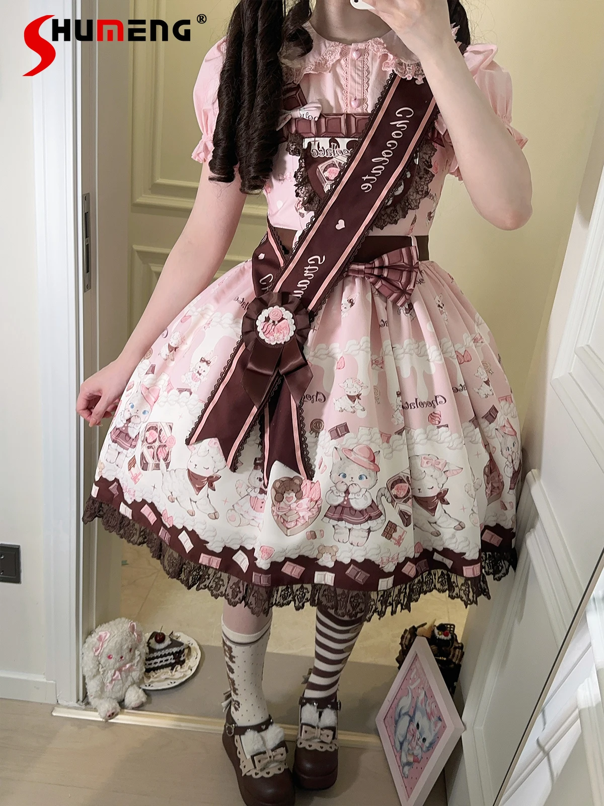 

Original Japanese Style Cartoon Print Sweet Cute JSK Dresses High Waist Bow A-line Sleeveless Kawaii Lolita Short Dress Women