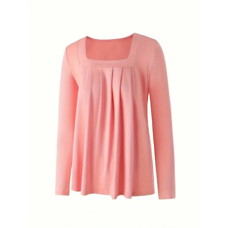 Damska koszulka plus size 0XL-5XL, nowa, codzienna, jesienna, modna, z kwadratowym dekoltem, plisowana, wygodna, z długim rękawem.