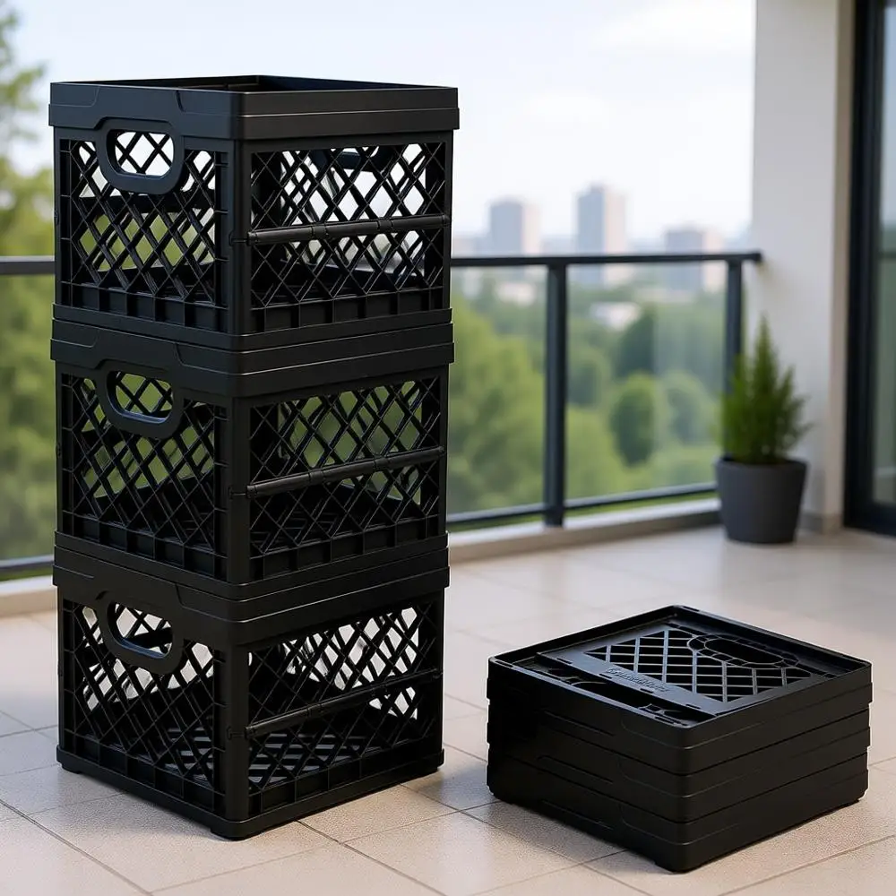 

Collapsible Milk Crate, Black, 3-Pack - 25L Stackable Storage Bins, Holds 50lbs Per Bin