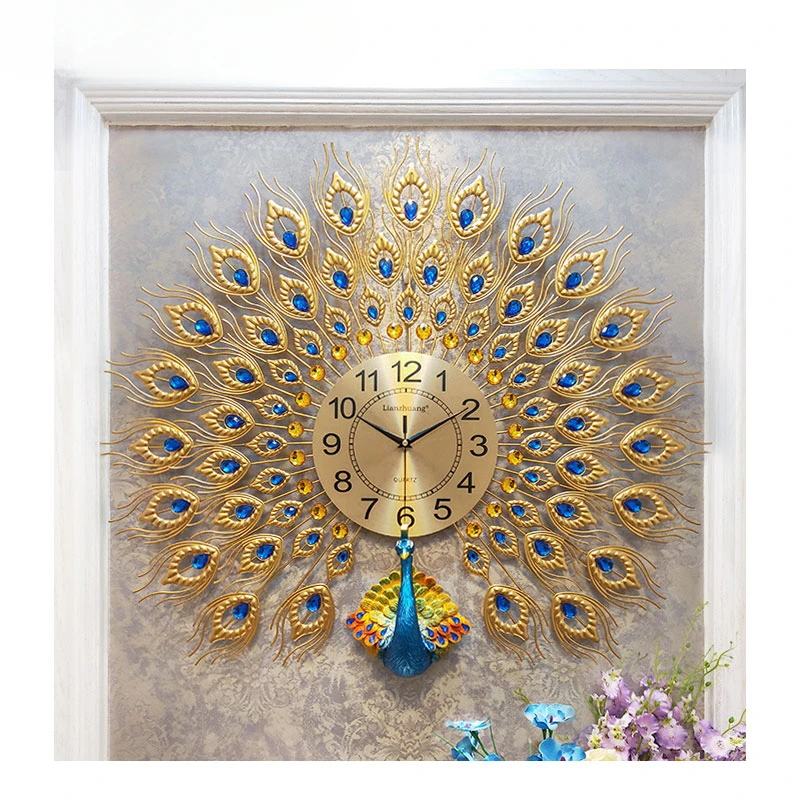 Haupt dekoration Luxus Gold Wand kunst Handwerk moderne große Pfau Design stille nicht tickende Uhr Wand für Wohnzimmer Dekoration