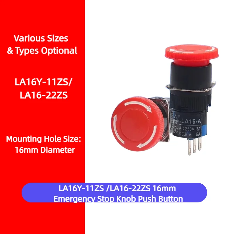 LA16-11ZS 16mm Emergency Stop Push Button Switch 1NO1NC Latching Mushroom Head E-Stop Switch for Industrial Machinery Equipment