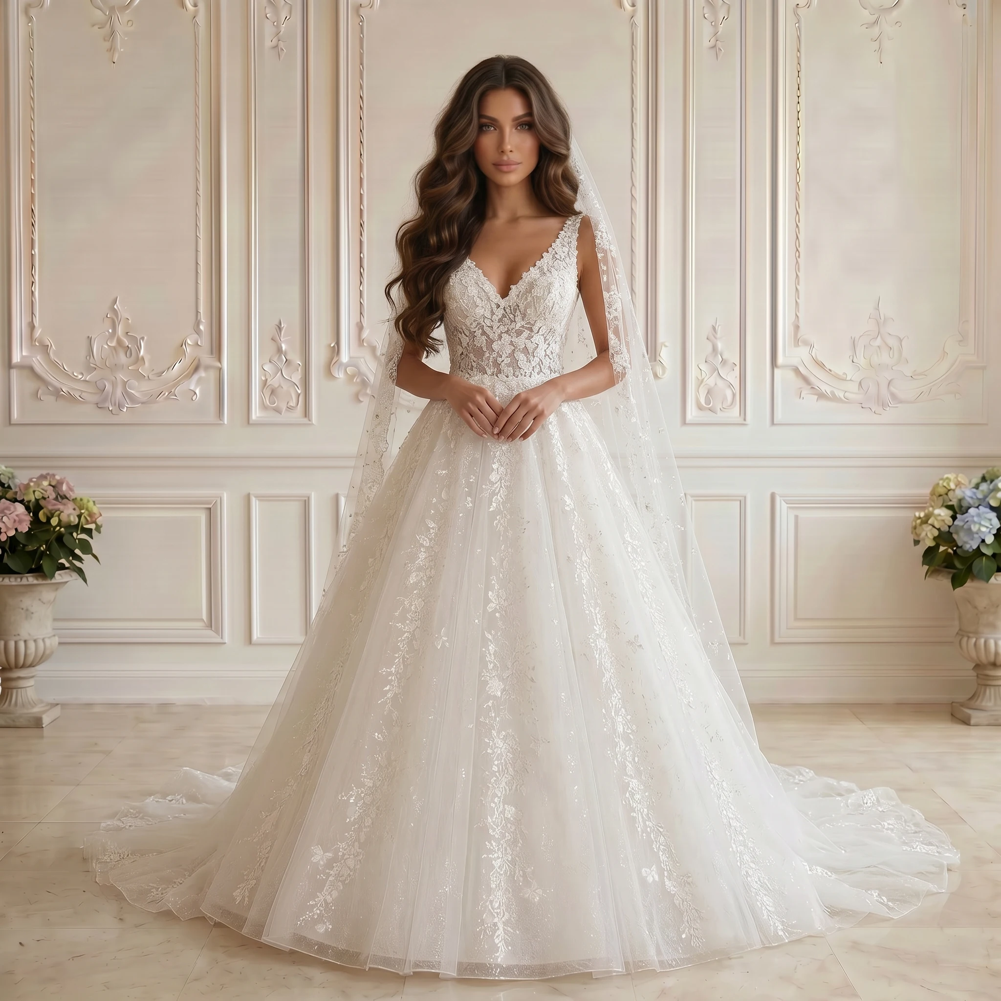 

V Neck Sleeveless A Line Wedding Dress Sparkle Lace Appliques Corset Lace Up Back Tulle Chapel Train Bridal Gown