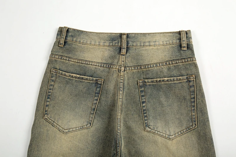 Vintage übergroße Split Deconstructed Herren breite Jeans Baggy Yellow Mud Dyed Washed Denim Jeans Cat Whisker Straight Denim Hose – Detail 21