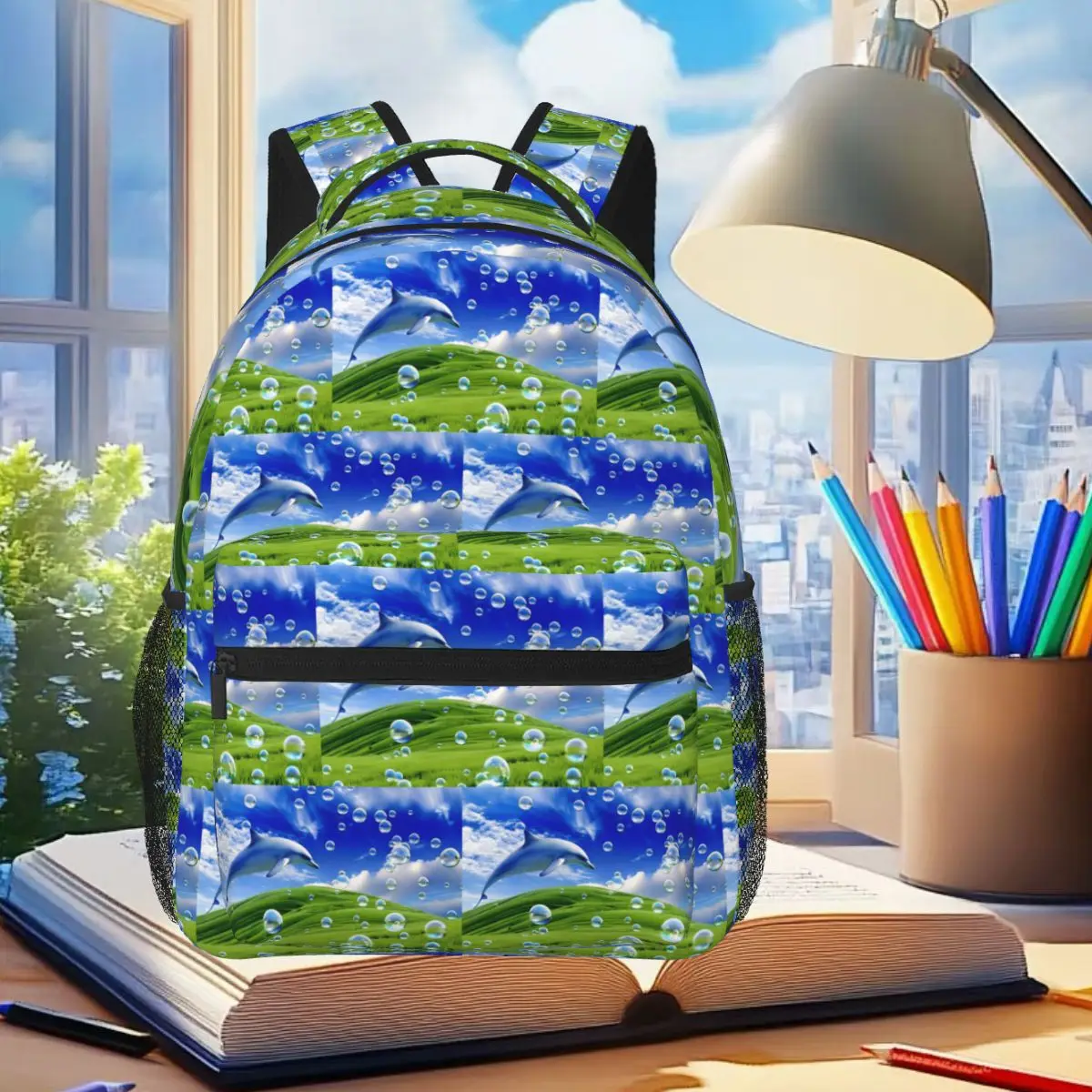 Frutiger Aero Dolphin Y2k Aesthetic Meadow mit Blasen, Bergen und Himmel, Rucksack, Büchertasche, Schultasche, Computer-Umhängetaschen