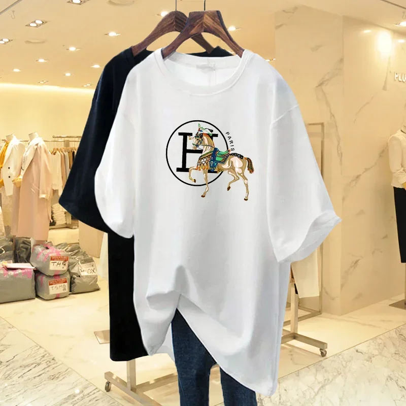 

2024 New Women Clothing Animal Letter Printed Chic Loose T-shirt Summer Short Sleeve O-neck Basics Cotton Pullover Tops