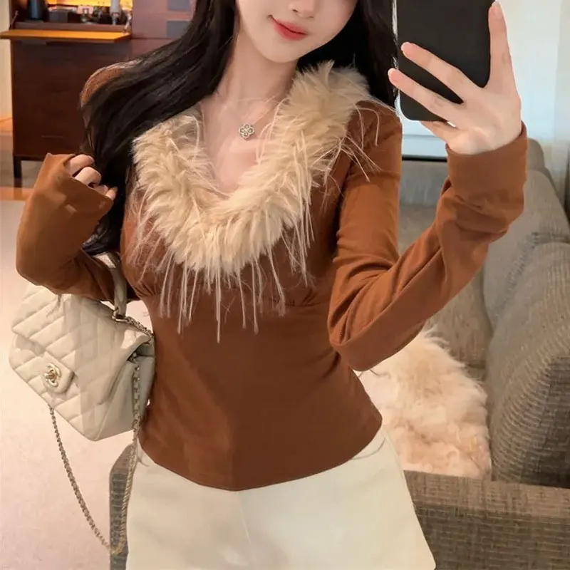 

Винтажные футболки Hotsweet с v-образным вырезом, женская одежда, тонкие однотонные осенние элегантные универсальные пуловеры с длинными рукавами Aura