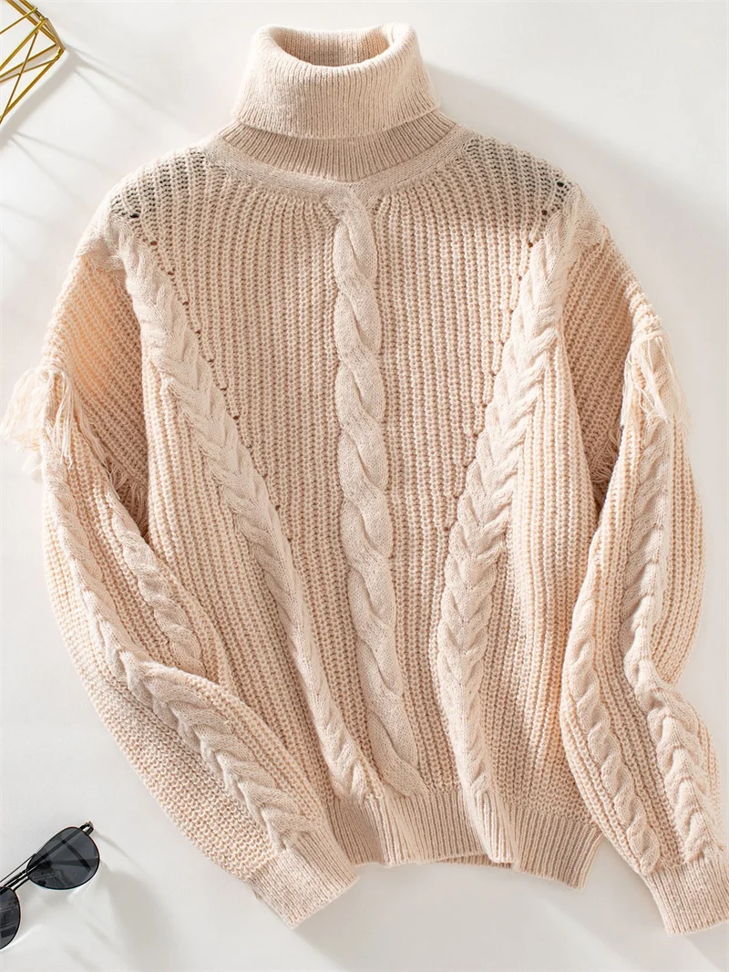 Womens Long Sleeve Cable Knit Turtleneck Tops Long Sleeve Tassel Knitted Sweaters Fall Winter Boho Hippie Outfits