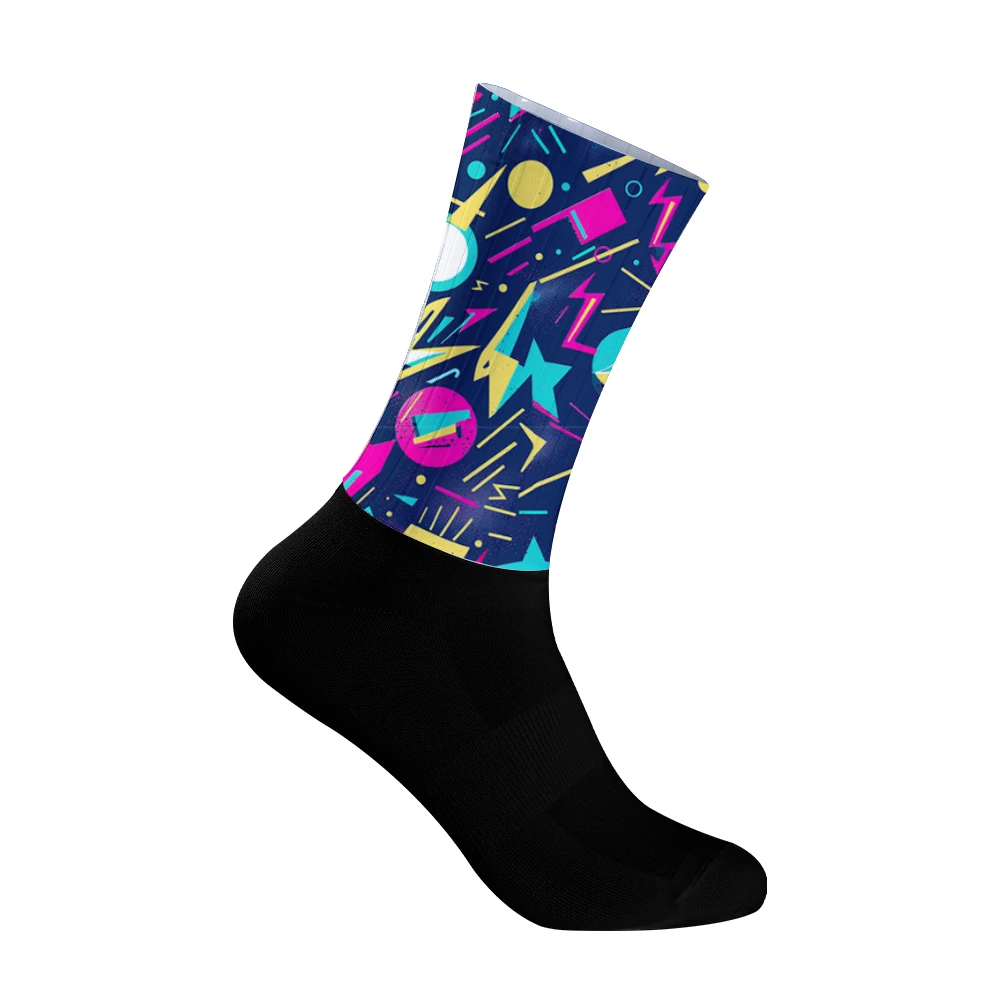 

Retro Geometric Cycling Socks - Neon Flash Star & Triangle Print Breathable Anti-Slip Bike Socks Men & Women