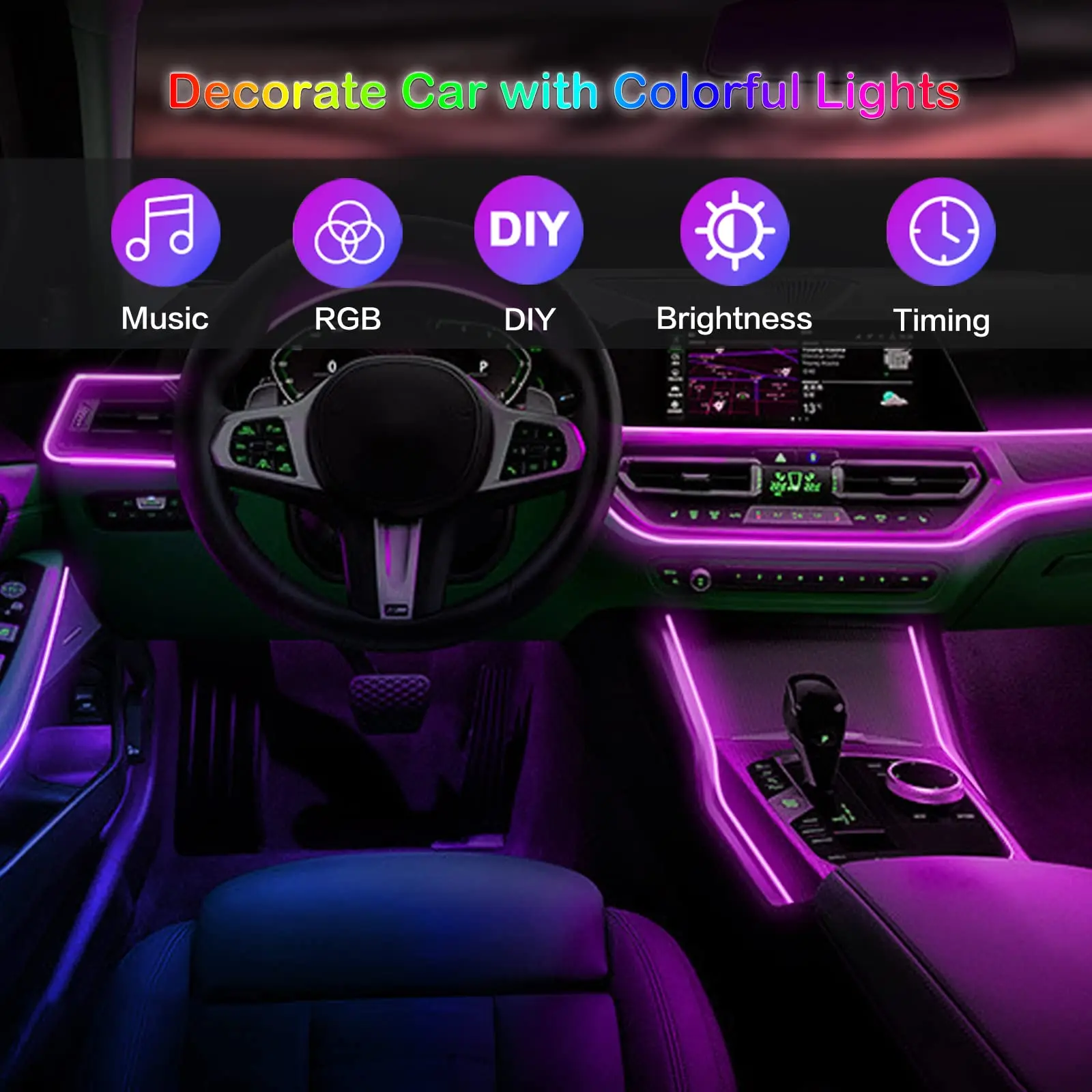 

6 в 1 светодиодный атмосферный автомобильный светильник RGB Гибкая декоративная лампа 8 м Внутреннее окружающее освещение с помощью приложения для управления волоконно-оптическими полосками