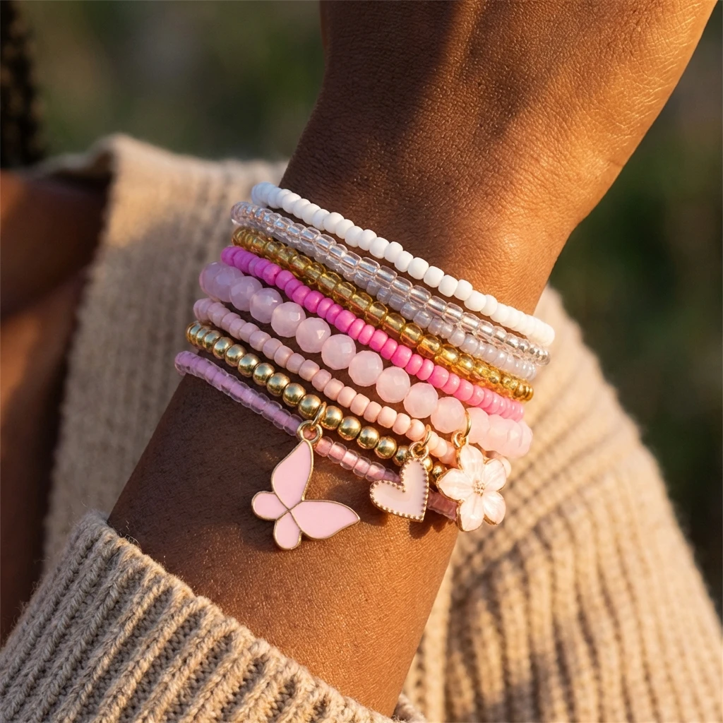 

9Pcs/Set Y2K Coquette Layered Bracelet for Women Sweet Pink Butterfly Charm Heart Flower Pendant Stackable Wristband Accessories