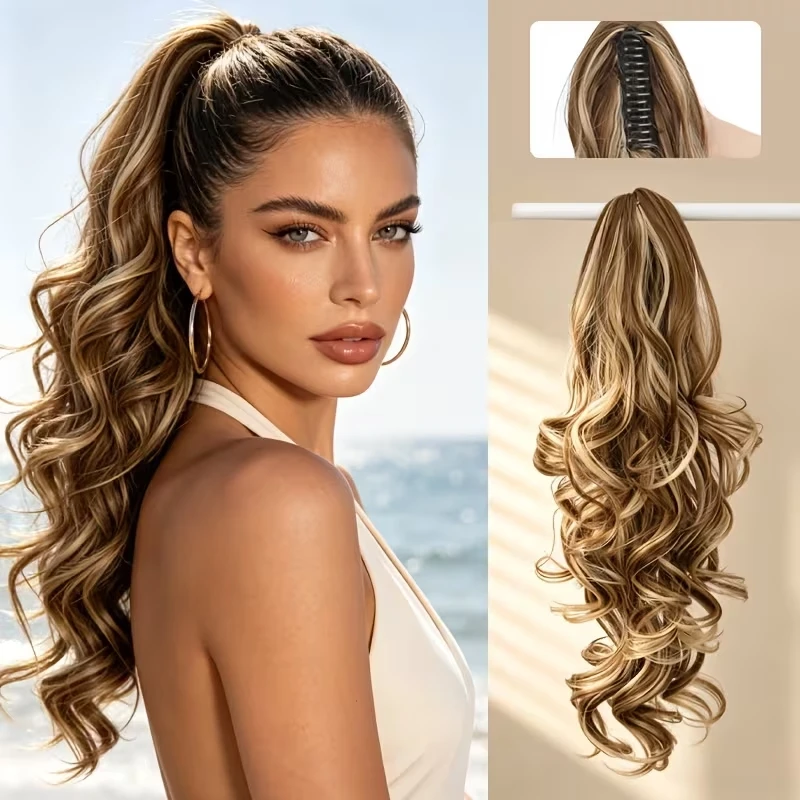 16Inch Synthetic Long Wavy Curly Fluffy Fashionable Medium-Length Ponytail Hair Extension Claw Easy Wear Hairpiece for Women