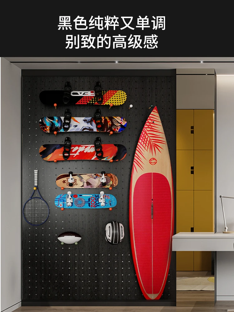 

Wooden iwood black full wall hole board rack, custom ski and skateboard sports equipment wall storage