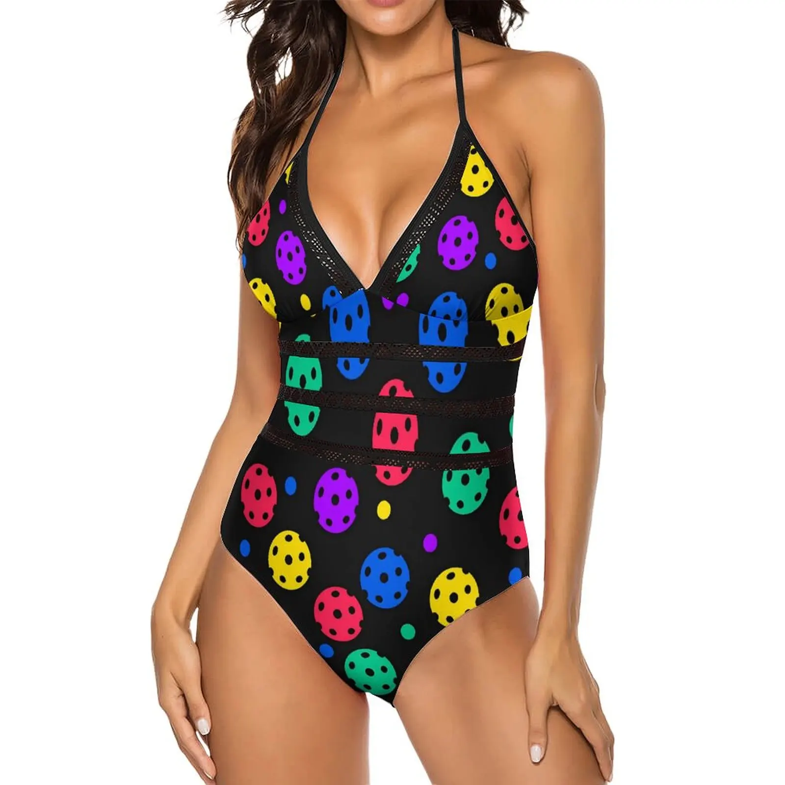 Ball Print Swimsuit Colorful Pickleball Push Up Swimwear One Piece V Neck Bathing Suits Sexy Elegant Bodysuit Plus Size