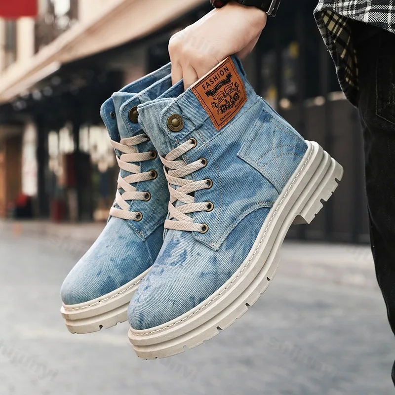 Retro-Denim-Casual-High-Top-Shorts-Stiefel mit dicken Sohlen für Herren, 2025, Herbst, britischer Stil, Mode, vielseitige, bequeme Stiefeletten