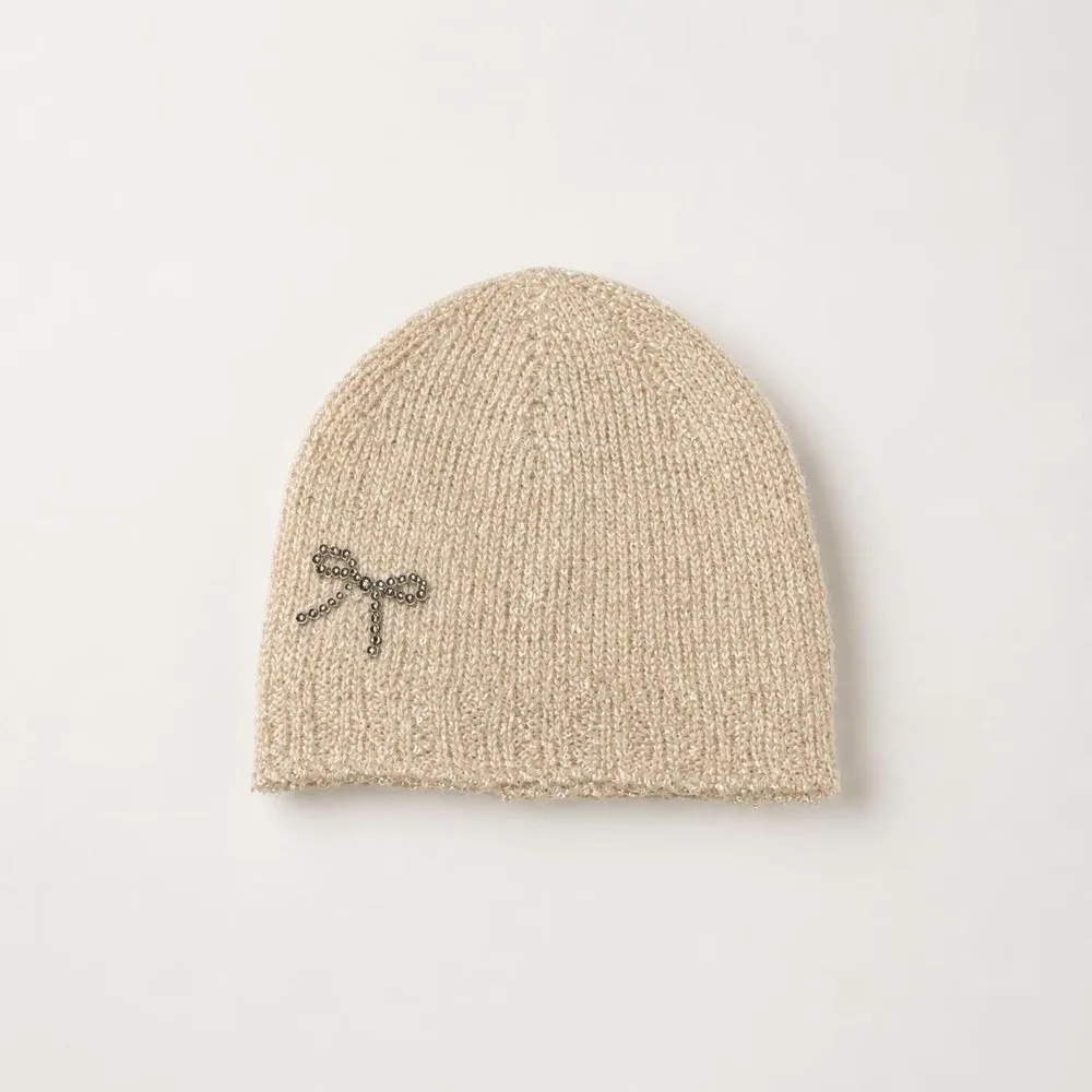Rhinestone Bow Decor Knit Beanie Hat Lightweight Warm Lining Glitter Knitted Winter Cap Stretchy Elastic Casual Knit Hat