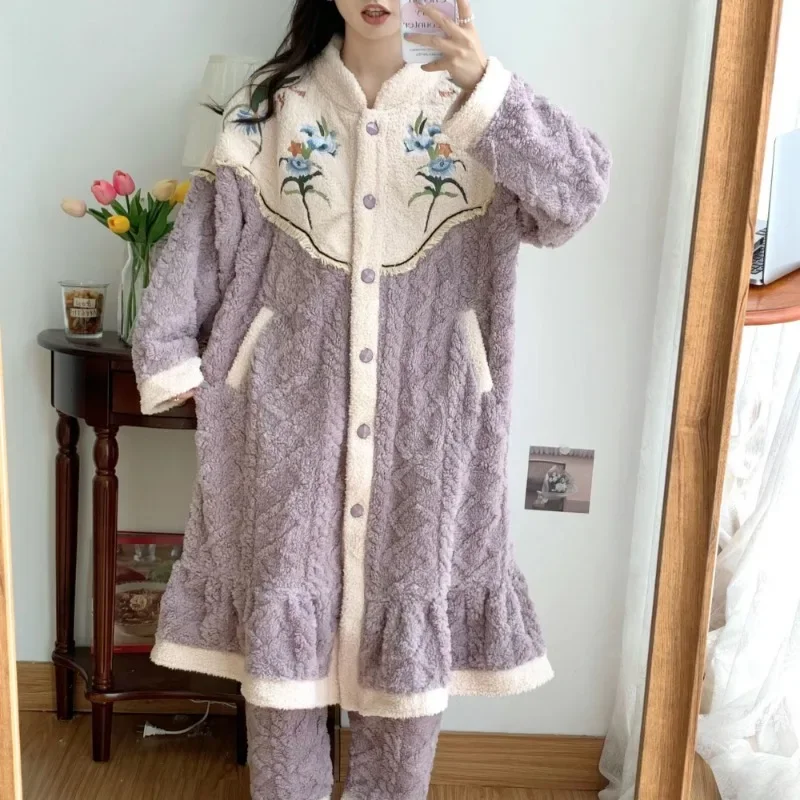 Embroidery Vintage Sleepwear Nightgown Sets Long Sleeve Pants Velvet Women Flannel Autumn Winter Warm Thick Luxury Brand Clothes