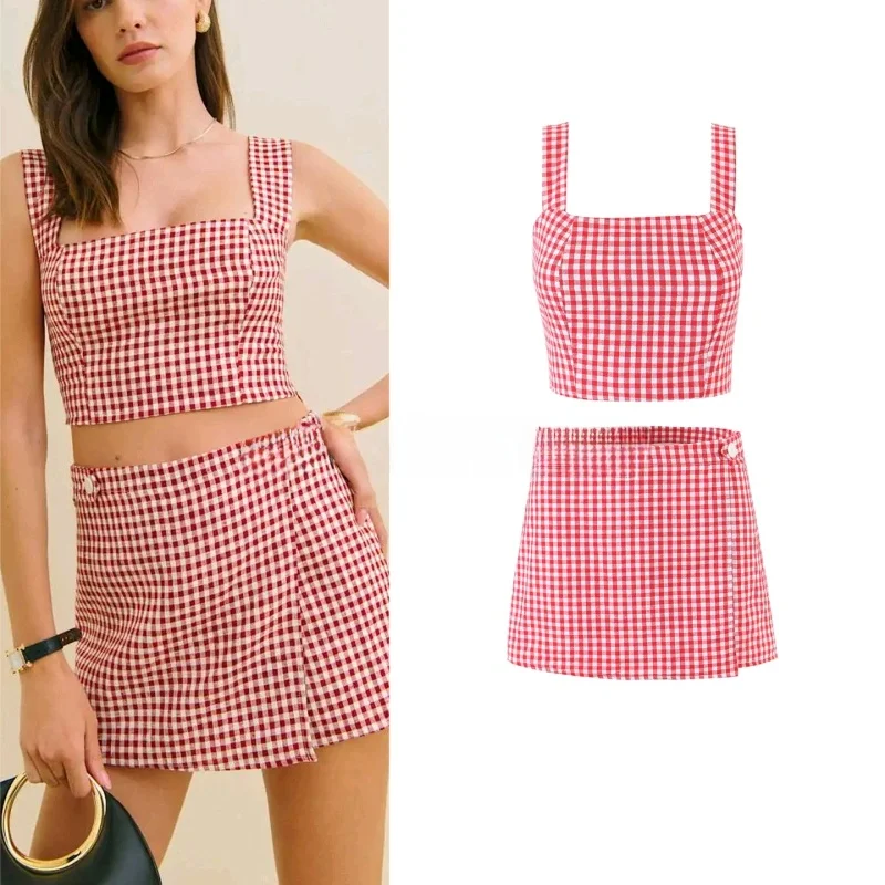 

Sexy Style Square Collar Bared Navel Vest Short Top Slimming Button Decoration Versatile Short Skirt Pants Fashionable Set