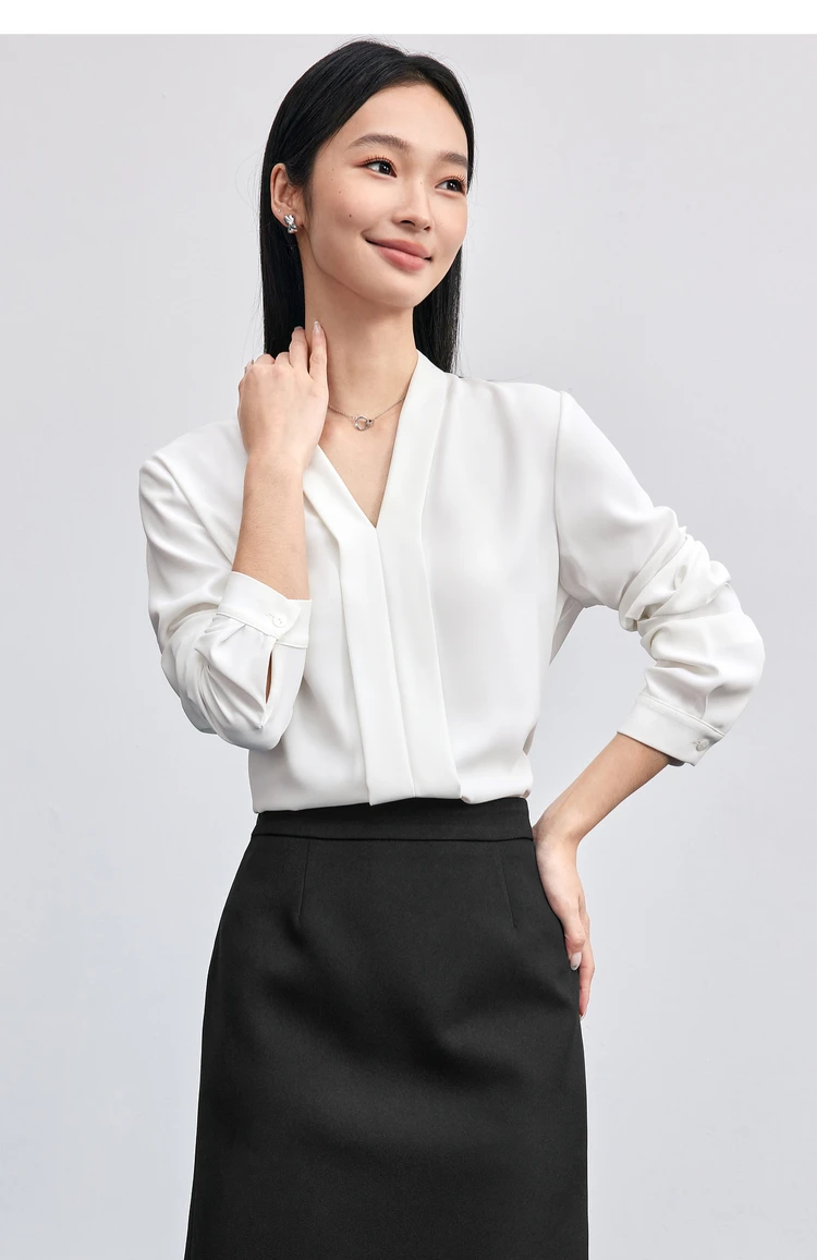 SENTUBILA Elegante Damenbluse 2026 Herbst V-Ausschnitt Langarm-Oberteil Chiffon-Hemden & Blusen Damenbekleidung 153CB8811X – Detail 16