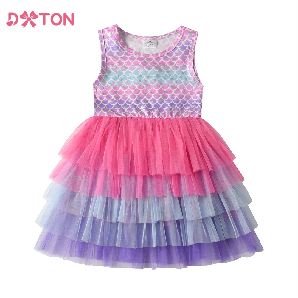 

DXTON 2025 Mermaid Girls Dresses Sleeveless Princess Layered Dresses For Girls Gradient Mesh Summer Vacation Children Clothing