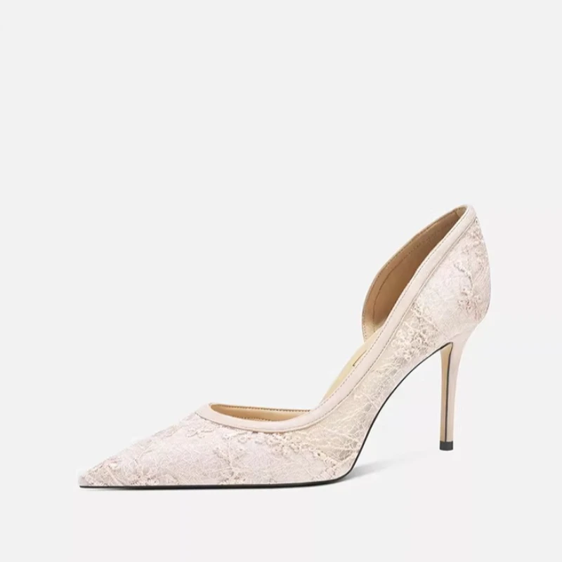 

Summer New Lace Mesh Side Empty High Heels Femininity Wedding Shoes Women's Single Shoes