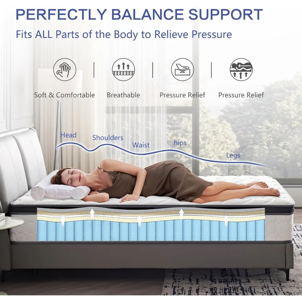 12 Inch Queen Size Hybrid Mattress - Medium Firm, Memory Foam & Pocket Springs,  Motion Isolation