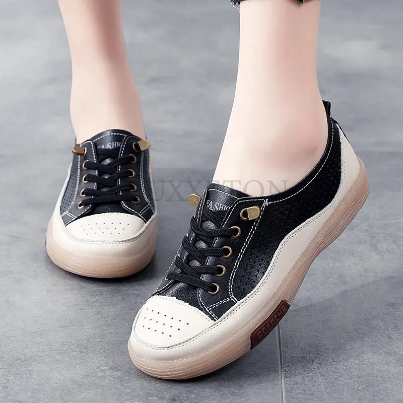 Women Flat Shoes Summer Breathable Cutout Casual Shoes Ladies Soft Bottom Genuine Leather Flats White Shoes Woman