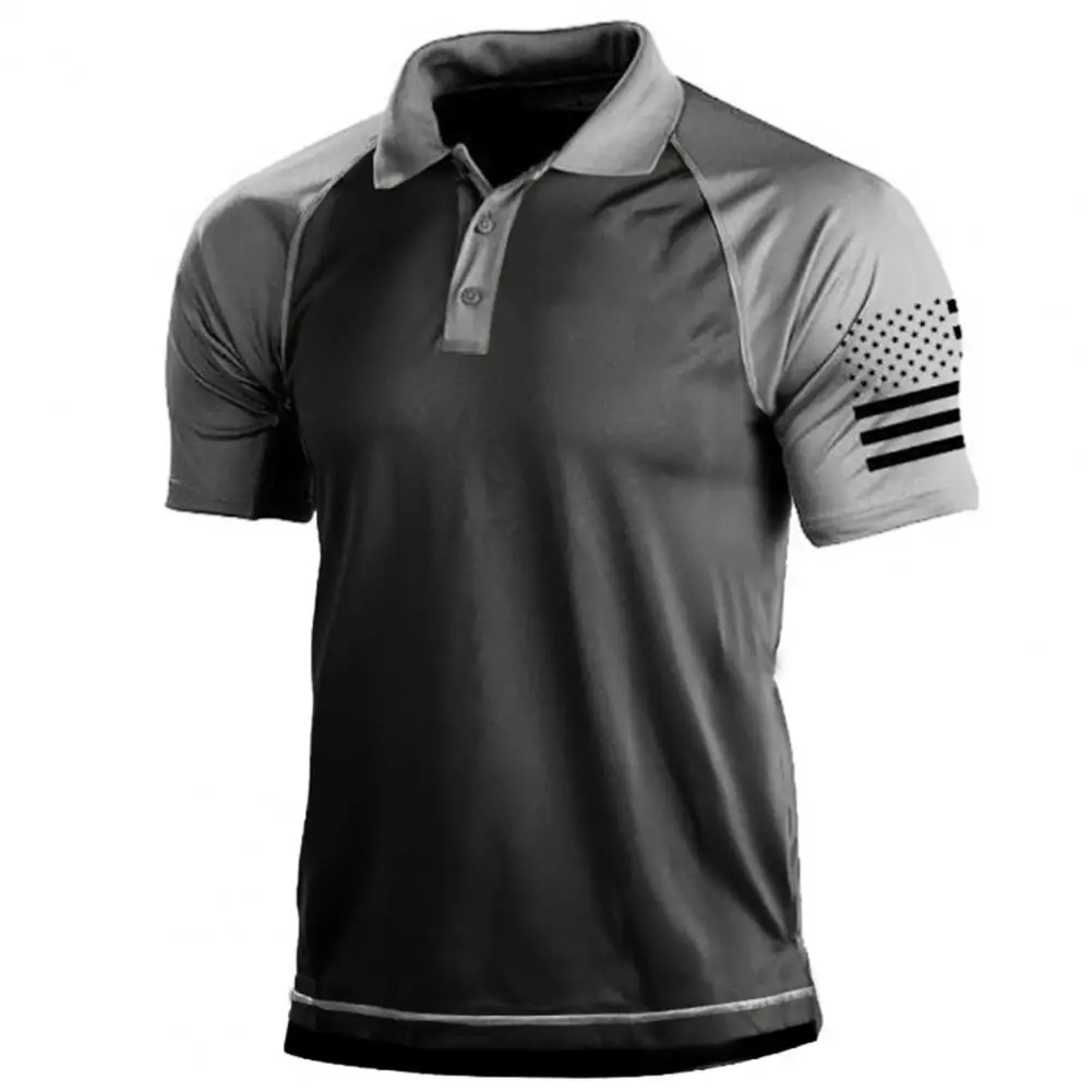 Flag Print Patchwork Color Men T-shirt Athletic T-shirt For Men Lapel Buttons Neckline Short Sleeve Men T-shirt Sports T-shirts