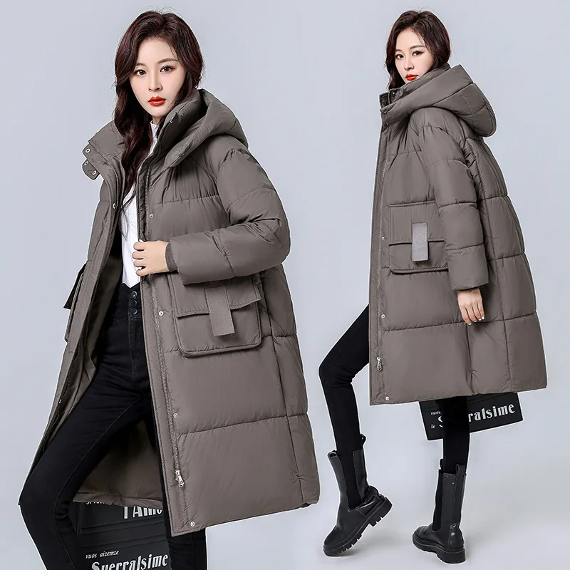 Long Down Cotton Jacket for Women in Winter 2024, New High-end Over The Knee Cotton Jacket, Loose and Thick Hooded Cotton Jacket