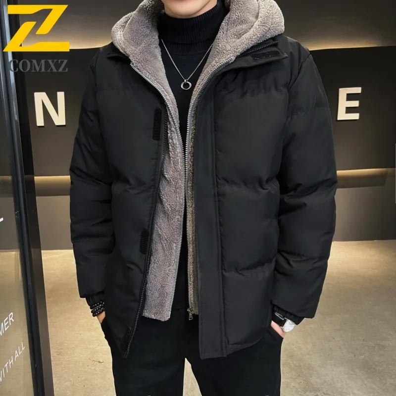 COMXZ 2025 Plus Size Mens Winter Hooded Fleece Lined Cotton Jacket Warm Windproof Casual Fashion Outwear lightweight windbreaker