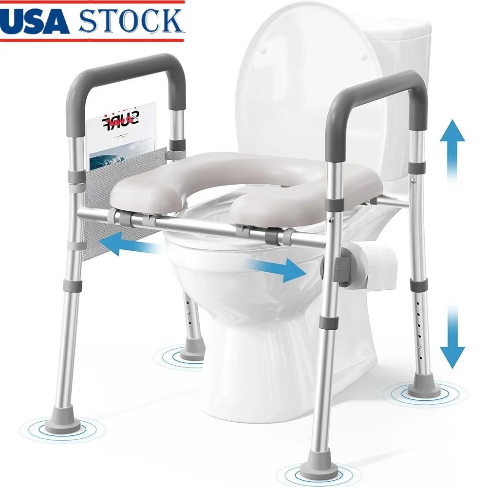 

Raised Toilet Seat Seniors Adjustable Height and Width 400lb Capacity with Handles Non-slip Padded Armrests Organizer Pouch