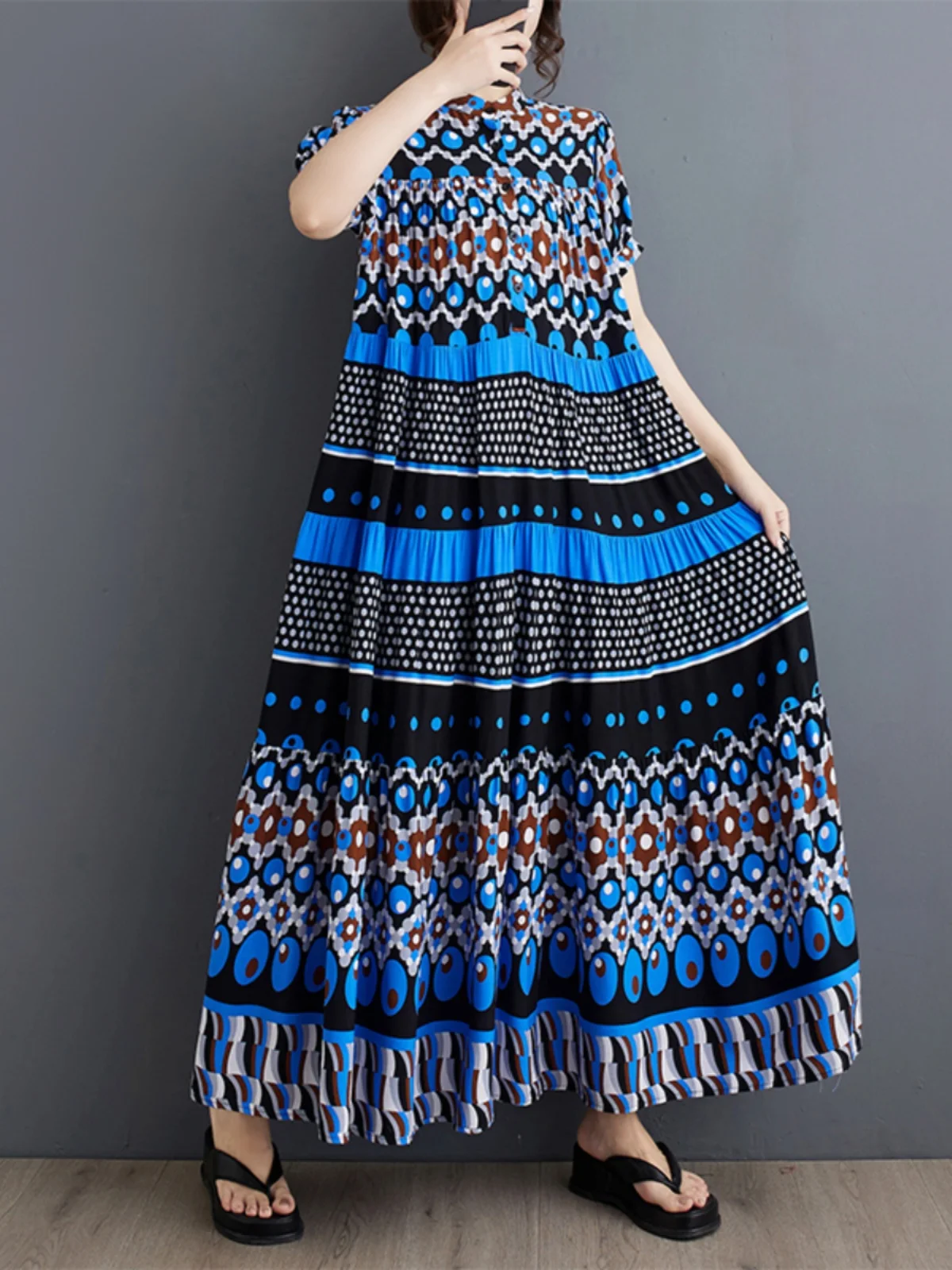 

Extended Floral Print Loose Midi Dress Short Sleeve Fashionable plus Size Korean Style Summer New Arrival Slimming Dress